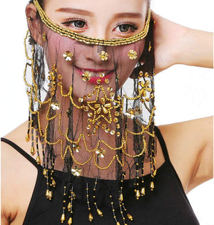 YM & Dancer P40 Face Veils Belly Dance Costumes Mesh Face Veil with Beaded Halloween Costume Accessory