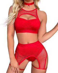 YM & Dancer C03  Women Rave Outfits Cutout Fishnet Top Booty Shorts Bottom Choker 3Pcs Babydoll Nightwear Festival Lingerie