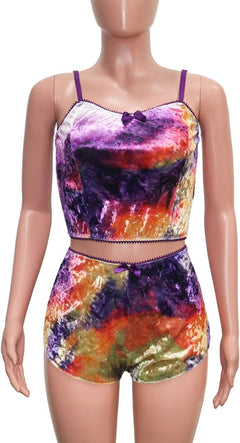 YM & Dancer C45 Women's Velvet 2 Piece Outfit Spaghetti Strap Sleeveless Crop Top+ Shorts Set