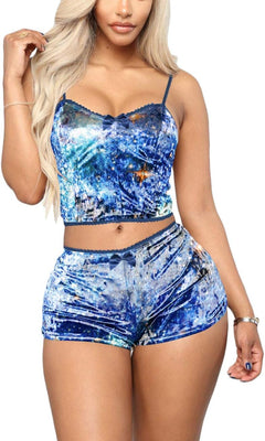 YM & Dancer C45 Women's Velvet 2 Piece Outfit Spaghetti Strap Sleeveless Crop Top+ Shorts Set