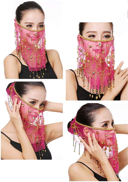 YM & Dancer P40 Face Veils Belly Dance Costumes Mesh Face Veil with Beaded Halloween Costume Accessory