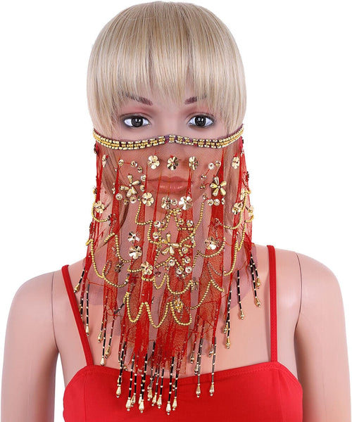 YM & Dancer P40 Face Veils Belly Dance Costumes Mesh Face Veil with Beaded Halloween Costume Accessory